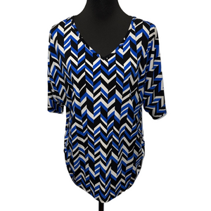 AGB Womens Plus Size 1X Blue Black Chevron V Neck Short Sleeve Blouse Top
